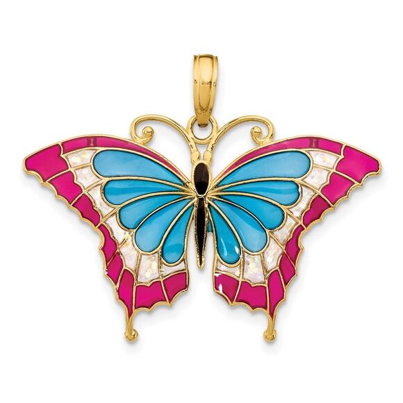 14k Yellow Gold Blue & Red Enameled Butterfly Pendant